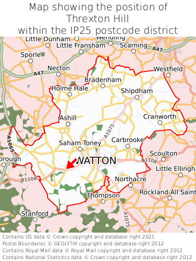 Map showing location of Threxton Hill within IP25