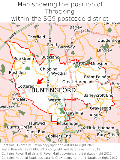 Map showing location of Throcking within SG9