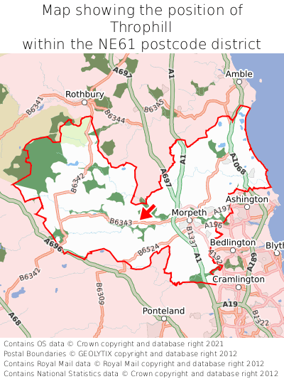 Map showing location of Throphill within NE61