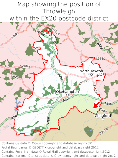 Map showing location of Throwleigh within EX20