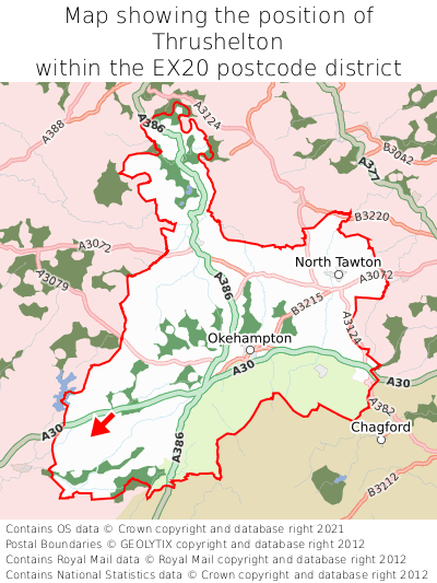Map showing location of Thrushelton within EX20