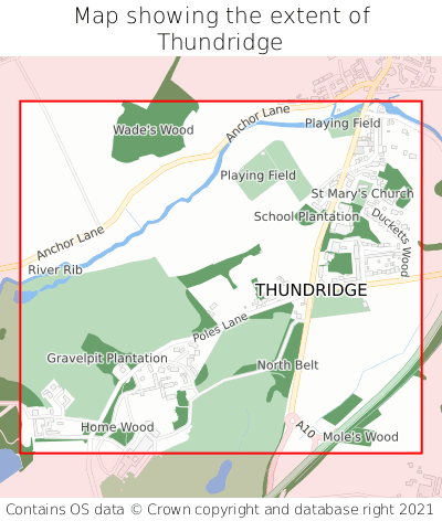 Map showing extent of Thundridge as bounding box