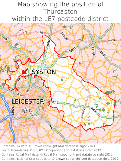 Map showing location of Thurcaston within LE7