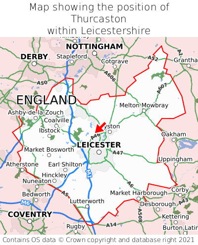 Map showing location of Thurcaston within Leicestershire