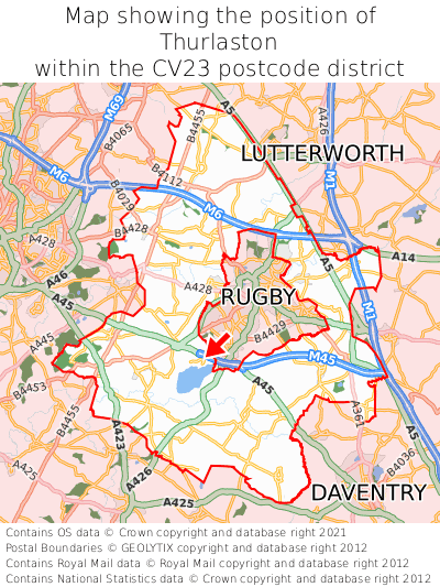Map showing location of Thurlaston within CV23