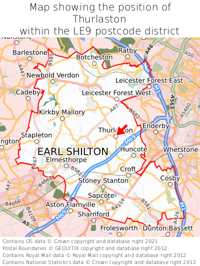 Map showing location of Thurlaston within LE9