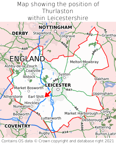 Map showing location of Thurlaston within Leicestershire