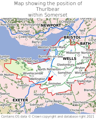 Map showing location of Thurlbear within Somerset