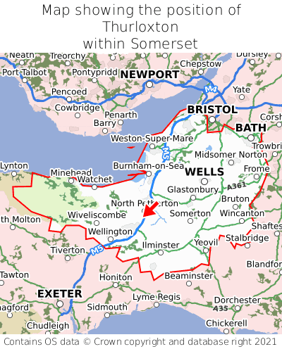 Map showing location of Thurloxton within Somerset
