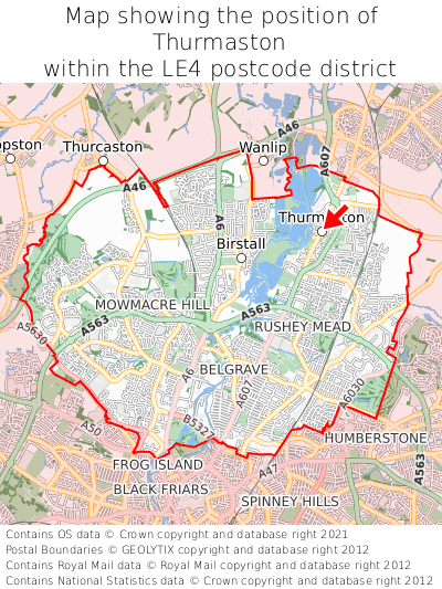 Map showing location of Thurmaston within LE4