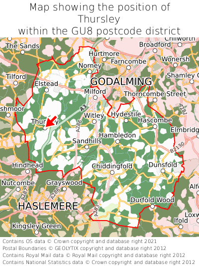 Map showing location of Thursley within GU8