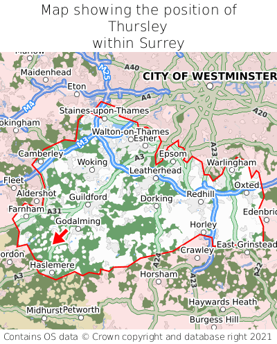 Map showing location of Thursley within Surrey