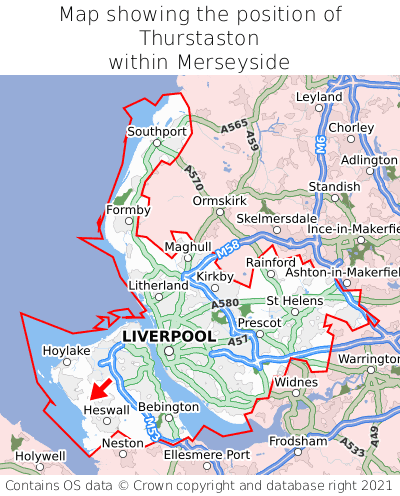 Map showing location of Thurstaston within Merseyside