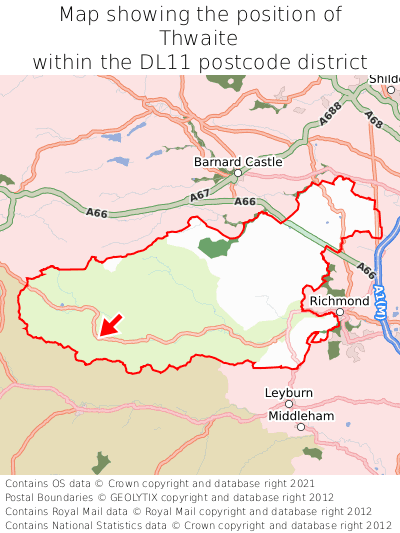 Map showing location of Thwaite within DL11
