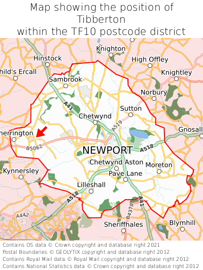 Map showing location of Tibberton within TF10