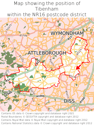Map showing location of Tibenham within NR16