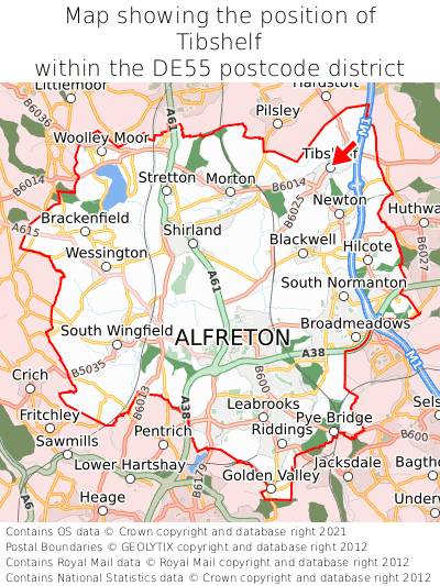 Map showing location of Tibshelf within DE55