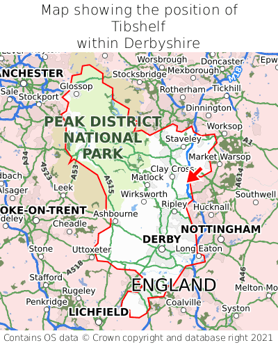 Map showing location of Tibshelf within Derbyshire