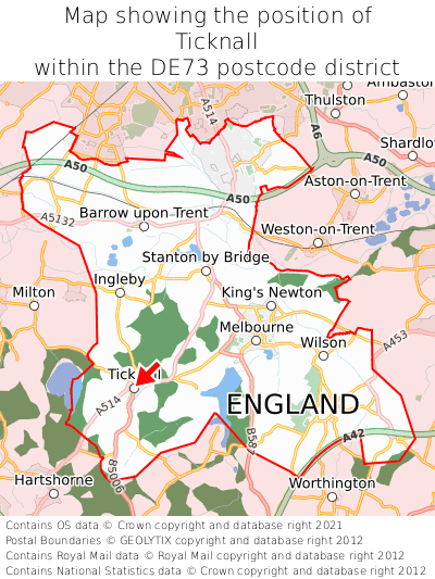 Map showing location of Ticknall within DE73