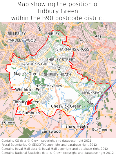 Map showing location of Tidbury Green within B90