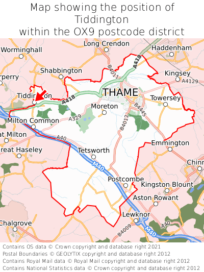 Map showing location of Tiddington within OX9