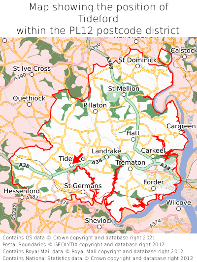 Map showing location of Tideford within PL12