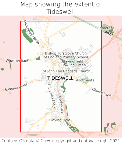 Map showing extent of Tideswell as bounding box