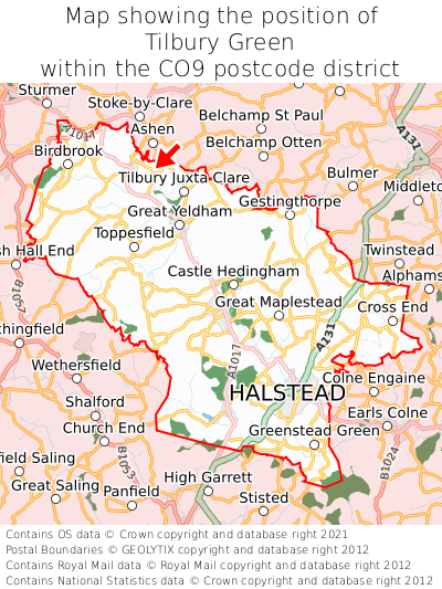 Map showing location of Tilbury Green within CO9