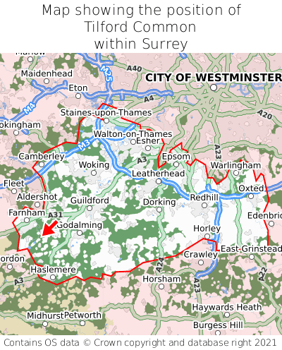 Map showing location of Tilford Common within Surrey