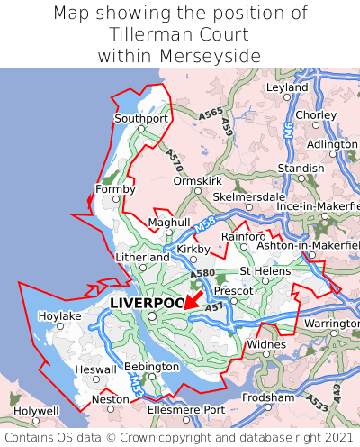 Map showing location of Tillerman Court within Merseyside