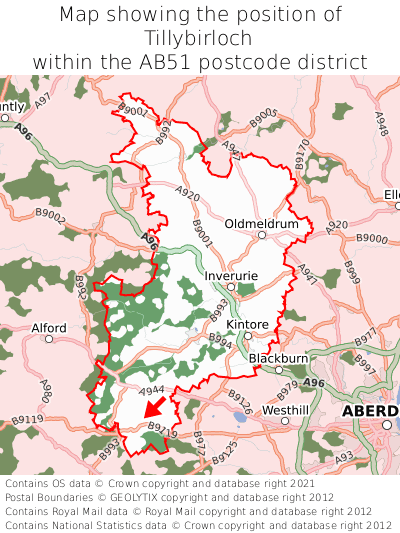 Map showing location of Tillybirloch within AB51