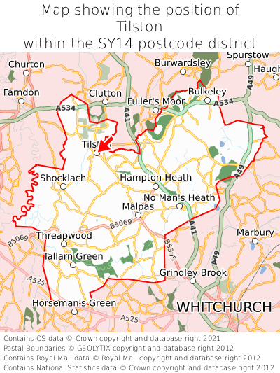 Map showing location of Tilston within SY14