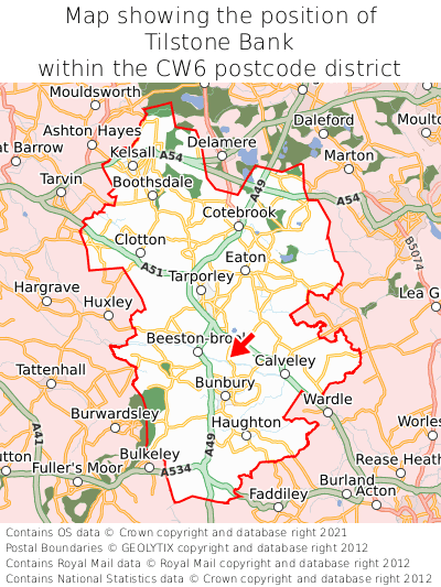Map showing location of Tilstone Bank within CW6