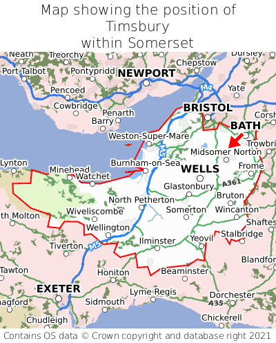 Map showing location of Timsbury within Somerset