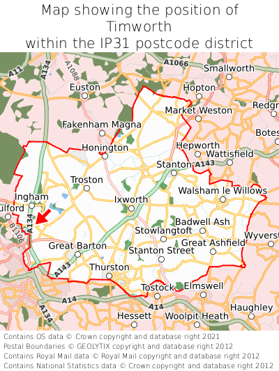 Map showing location of Timworth within IP31
