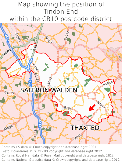 Map showing location of Tindon End within CB10