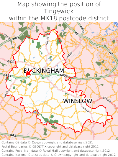 Map showing location of Tingewick within MK18
