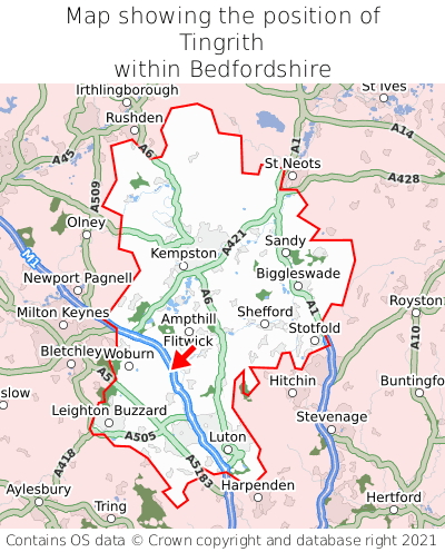 Map showing location of Tingrith within Bedfordshire