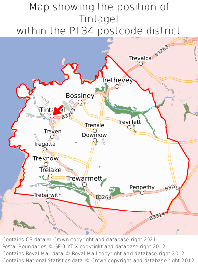 Map showing location of Tintagel within PL34