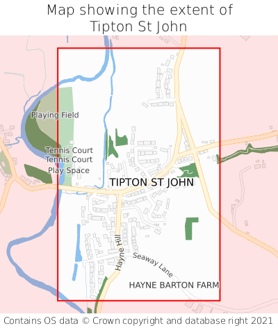 Map showing extent of Tipton St John as bounding box