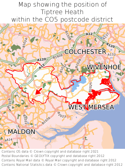 Map showing location of Tiptree Heath within CO5