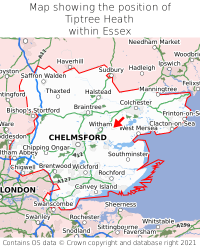 Map showing location of Tiptree Heath within Essex