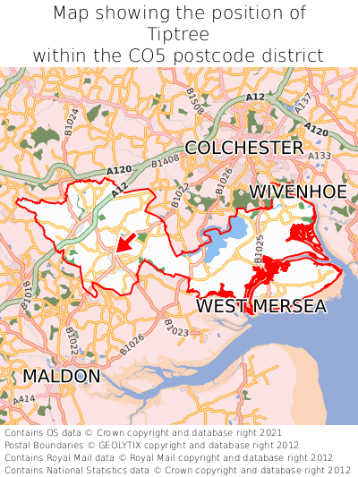 Map showing location of Tiptree within CO5