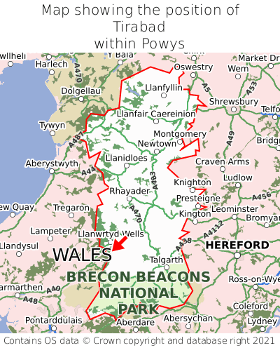 Map showing location of Tirabad within Powys