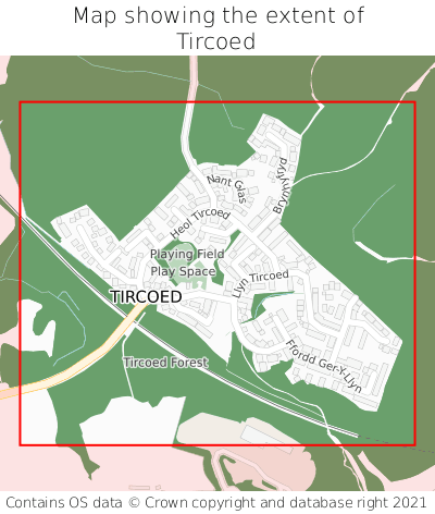 Map showing extent of Tircoed as bounding box