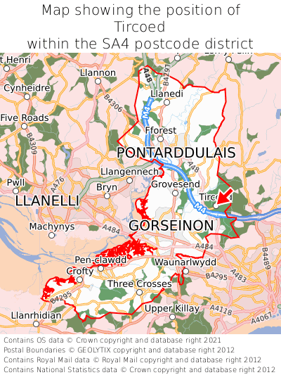Map showing location of Tircoed within SA4