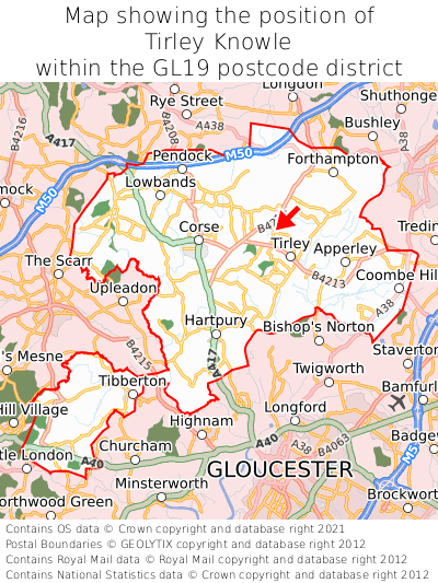 Map showing location of Tirley Knowle within GL19