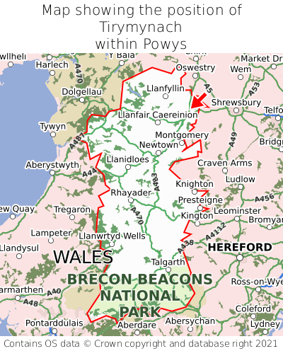 Map showing location of Tirymynach within Powys