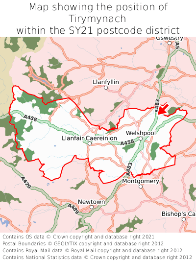 Map showing location of Tirymynach within SY21