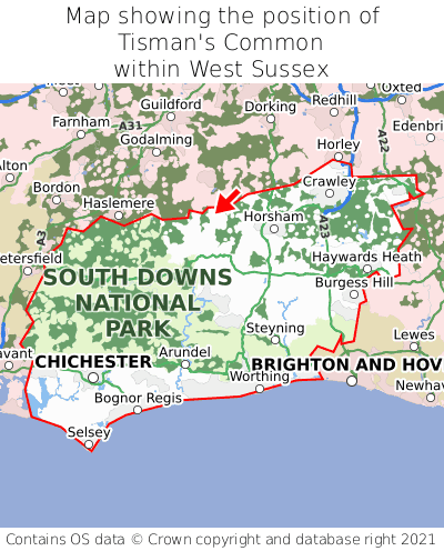 Map showing location of Tisman's Common within West Sussex